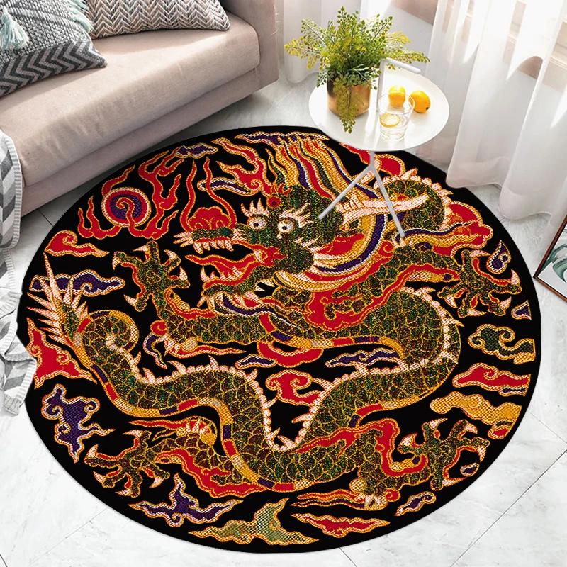 Round Area Rug With Traditional Chinese Dragon Patterns In Multiple Colors Exquisite Artistic Style Soft Durable Floor Decor