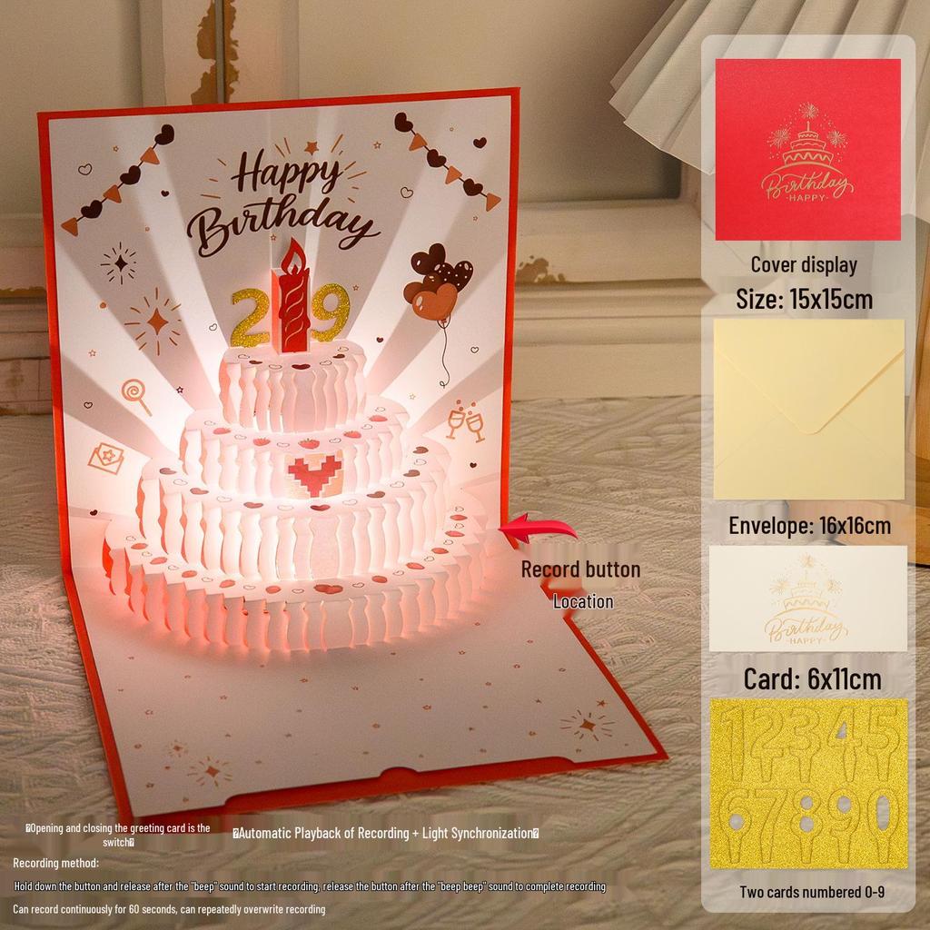 3D Pop-Up Geburtstags-Soundkarte mit Aufnahme-Licht - Kuchen-Design für Freund/Freundin Geschenk