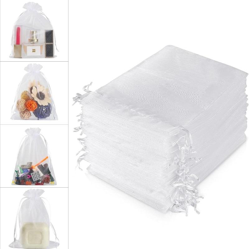 50pcs White Sheer Organza Bag Jewelry Gift Party Favor Bags with Drawstring for Wedding Christmas Small Jewelry Storage Bags