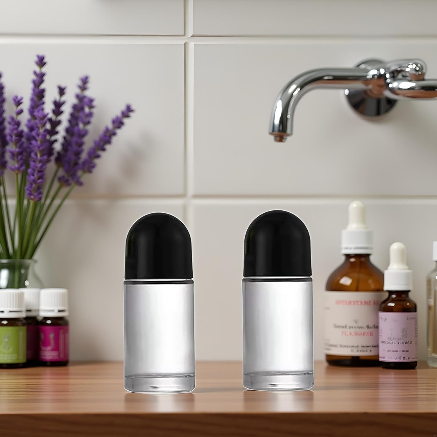 2Pcs Black 50ml Clear Glass Roll on Bottles Empty Roller,Refillable Rollerball Bottles Essential Oil Bottle for Cosmetics Roller Containers