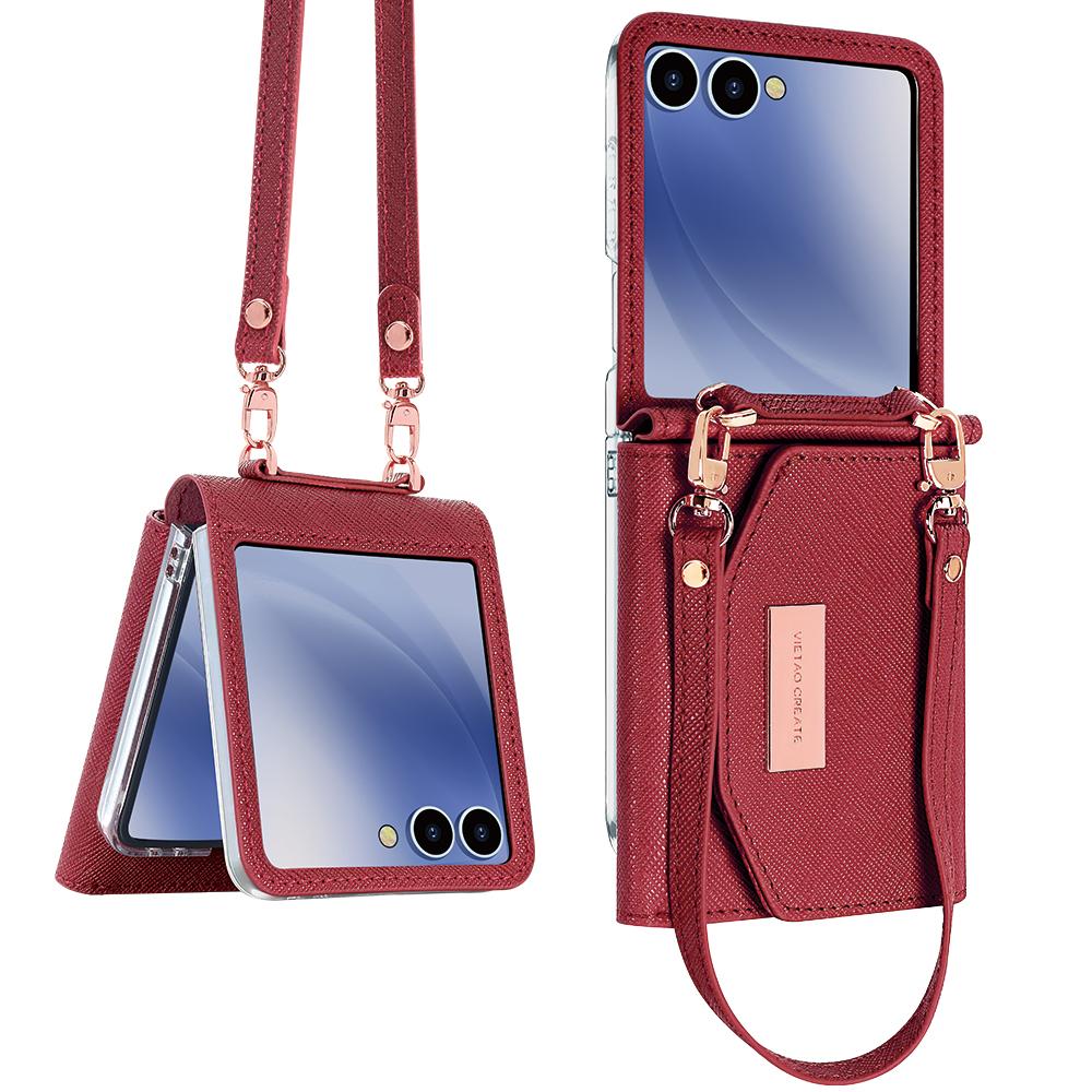 For Samsung Galaxy Z Flip7 5G Wallet Case PU+PC Shockproof Phone Cover with Wrist Strap