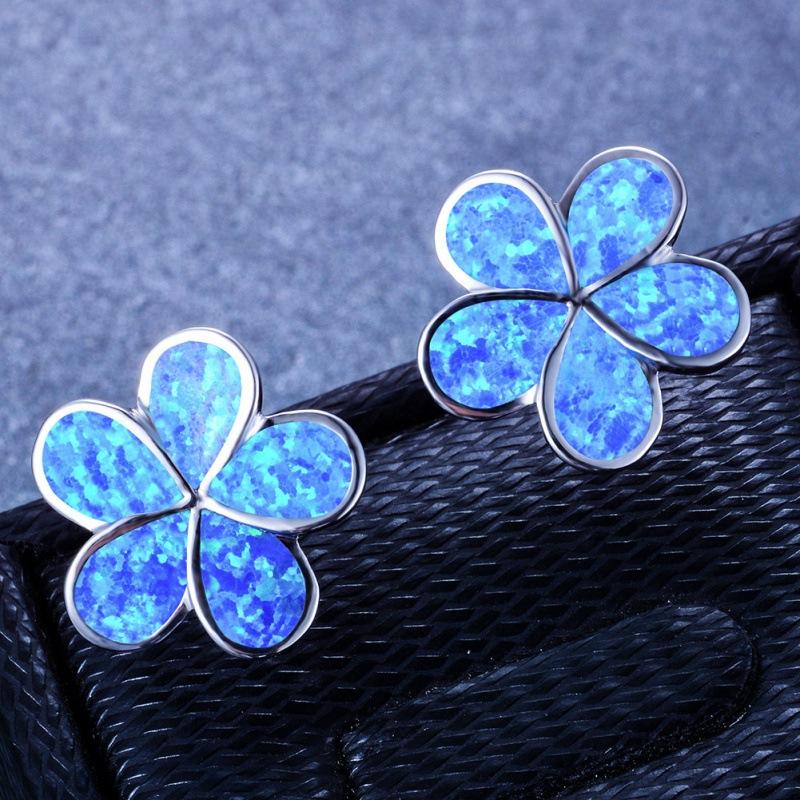 Internet celebrity ins style platinum opal five petal flower stud earrings women exquisite lady temperament trinkets синий