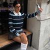 2026 A/W Retro Maillard Color Block Striped Polo Sweater