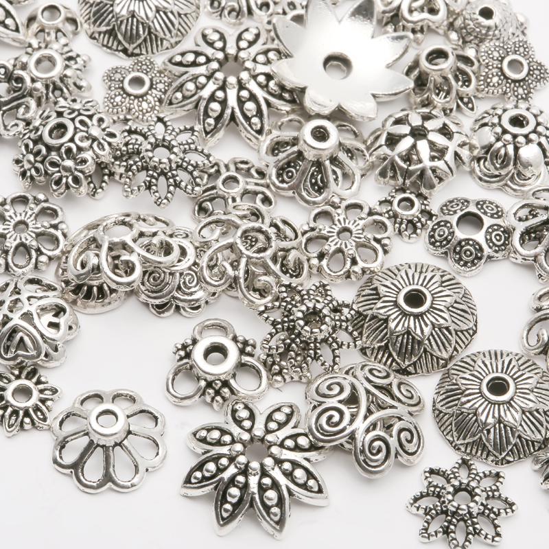 50 Tibetan Silver Mixed Seahorse Shell Starfish Turtle Ocean Charms Pendant and 100pcs Flower Beads Caps Jewelry DIY Accessories