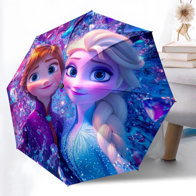 1pc Sturdy 8-Bone Auto Umbrella, Elsa And Anna Frozen Purple Sparkle Umbrella, Digital Printed, Foldable Umbrella for On-the-Go Outdoor Use