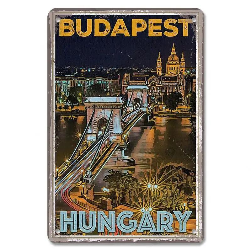 Famous City Landscape Posters Vintage Metal Signs Budapest Malta Sydney Tin Plate Retro Home Wall Art Decor Room Decoration