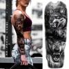 Lion & Wolf Tribal Temporary Tattoo Sleeve - 4 Sheets, Large Full Arm Fake Tattoos for Men & Women, Long-Lasting Black Body Art Stickers