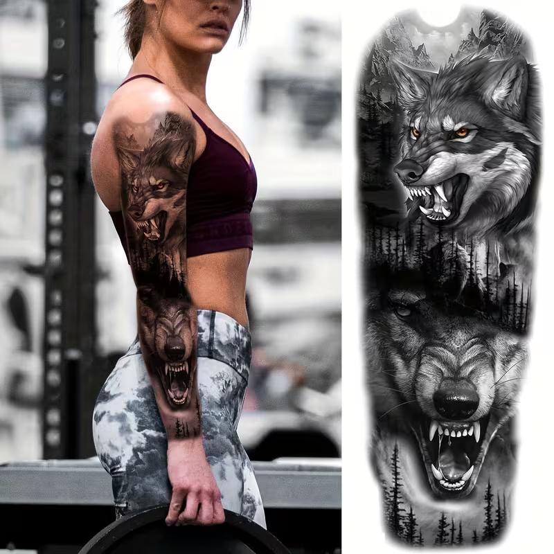 Lion & Wolf Tribal Temporary Tattoo Sleeve - 4 Sheets, Large Full Arm Fake Tattoos for Men & Women, Long-Lasting Black Body Art Stickers