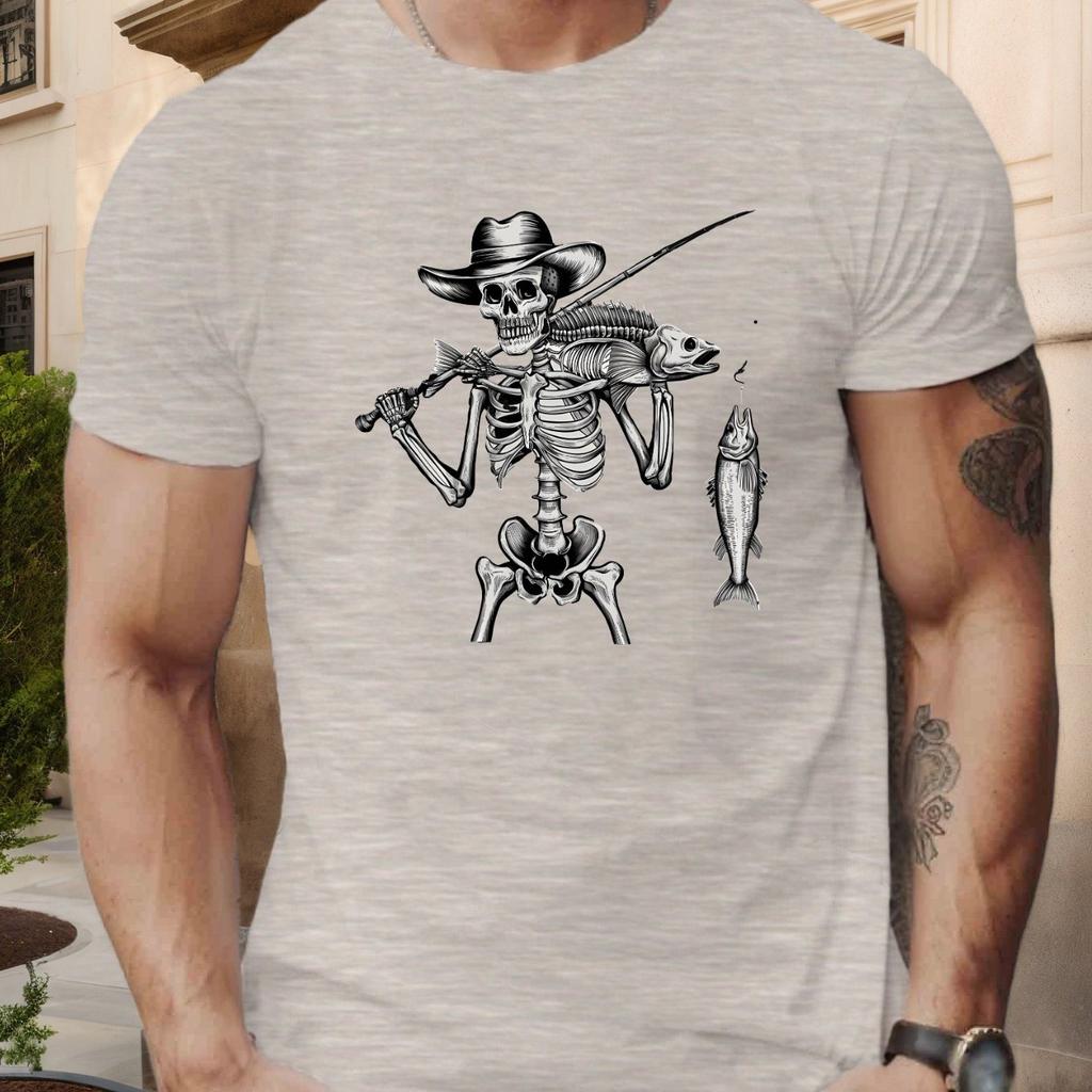 Men Skeleton Fisherman Graphic T-Shirt Short Sleeve Round Neck Tee with Edgy Fishing Theme Design Clothing