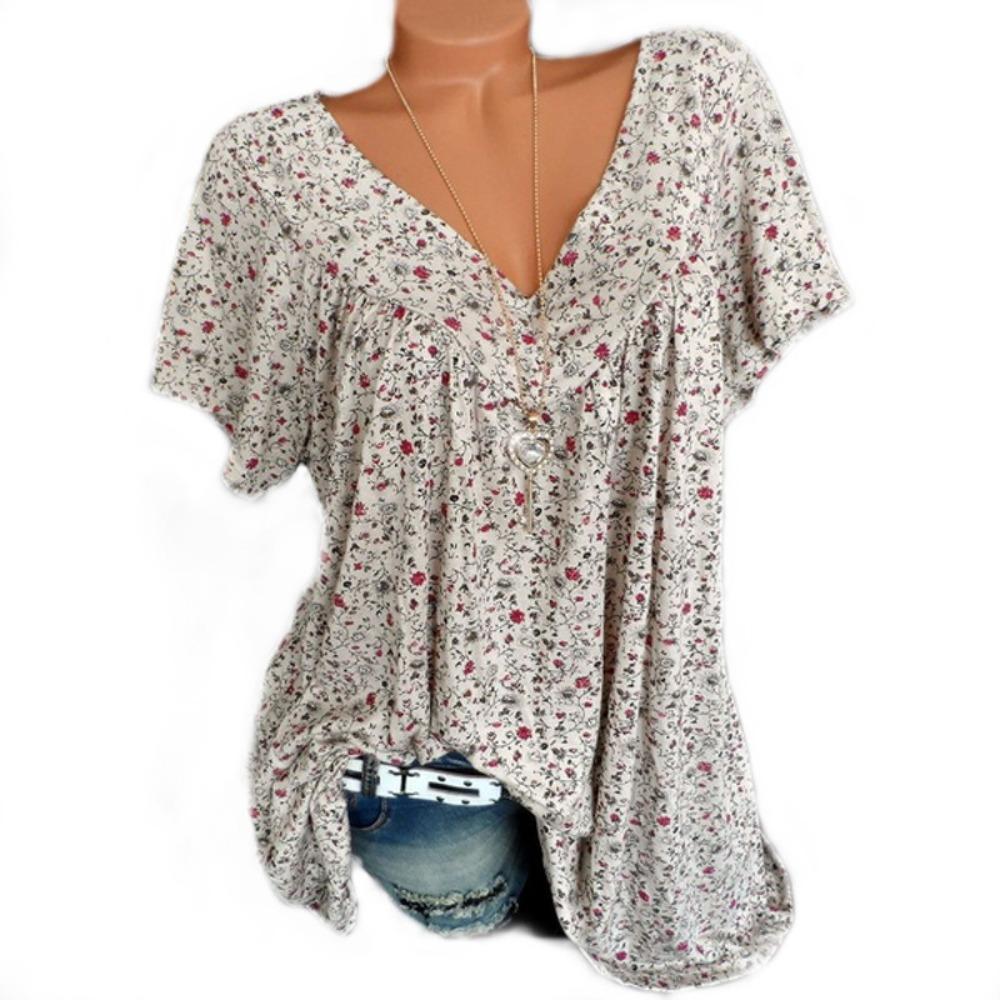Women's V Neck Short Sleeve Tunic Top Loose Fit Casual Ditsy Floral Print Plus Size Summer Daily Blouse