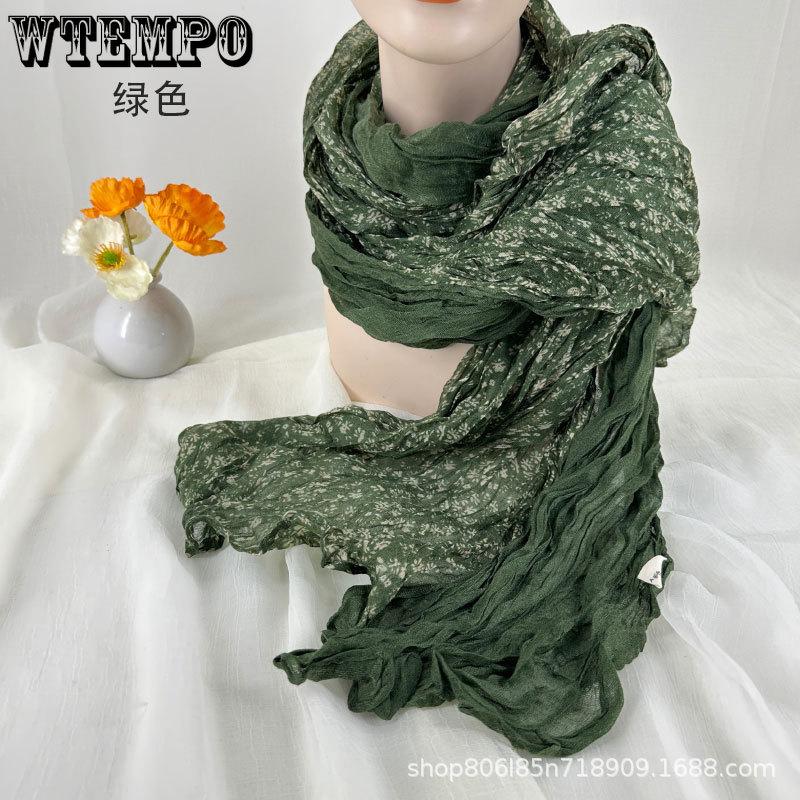 Women's Cotton and Linen Scarf Printed Pleated Scarf Vintage Scarf Small Floral Scarf