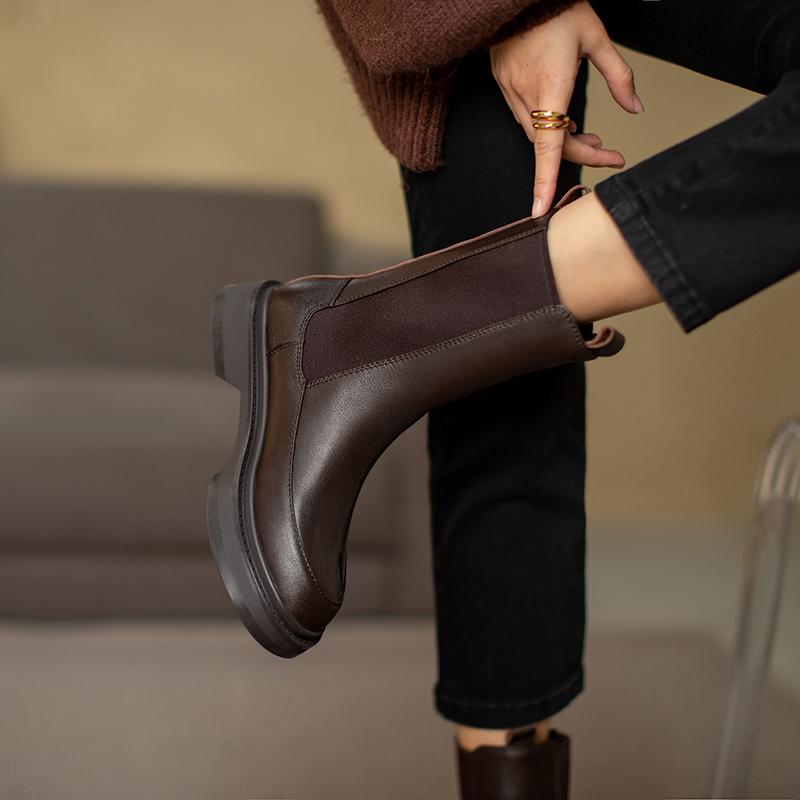 Fashion Hot Genuine Leather Women's Boots Retro British Style Slip-On Chelsea Boots Fashion Ankle Boots Round Toe Flat with Women Shoes
