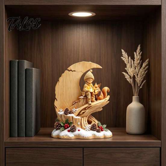 Handcrafted Wooden Statues Fairy Tale Little Boy and Fox Figurine, Rustic Desktop Statue, Artistic Carved Christmas Gift Ideas Sculpture Ornament for