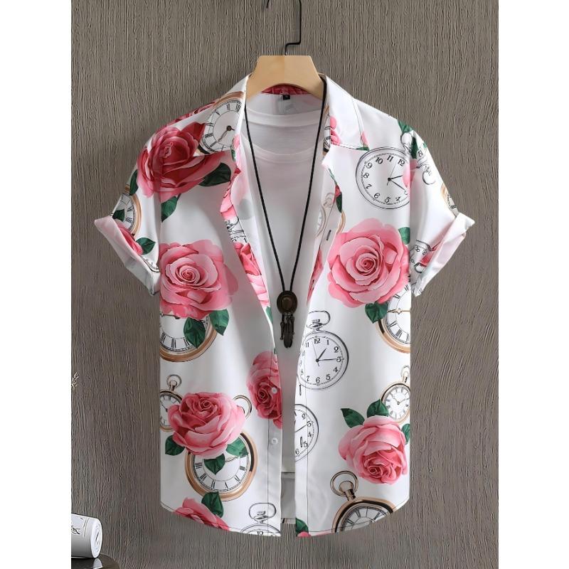 Hawaiian Botanical Flower Men's and Women's Short Sleeve Lapel Seaside Button-Down Shirt Top Casual Fashionable Shirts