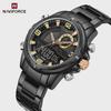 Mens Multifunctional Double-Display Watches Date Stainless Steel Watchband LED Luminous Mode Waterproof Wrist Watch