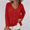 Women's Fashion Casual Solid Color V-Neck Live Button Long Sleeve T-Shirt Top