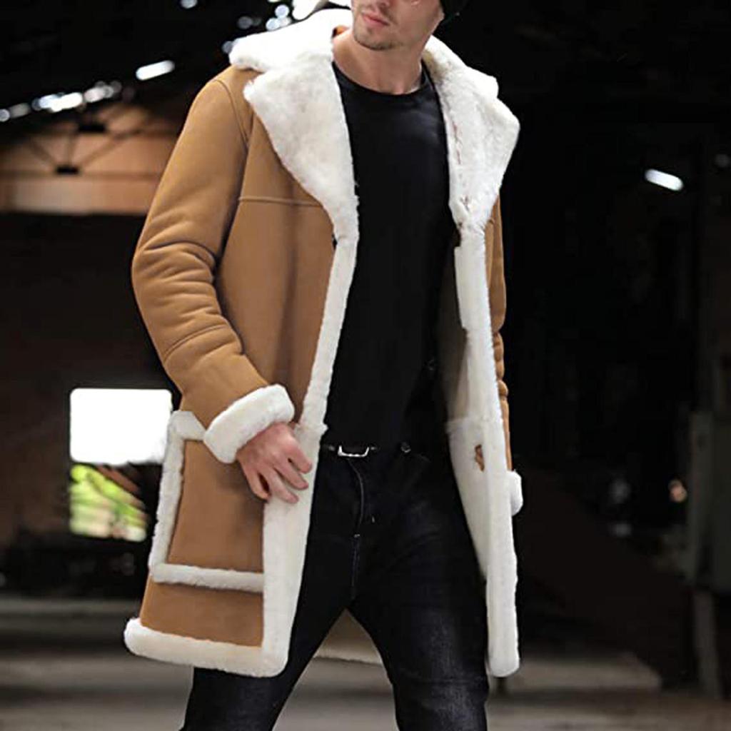 Men's Casual Cardigan Fleece Lined Solid Buttons Wool Long Sleeve Trench Coat
