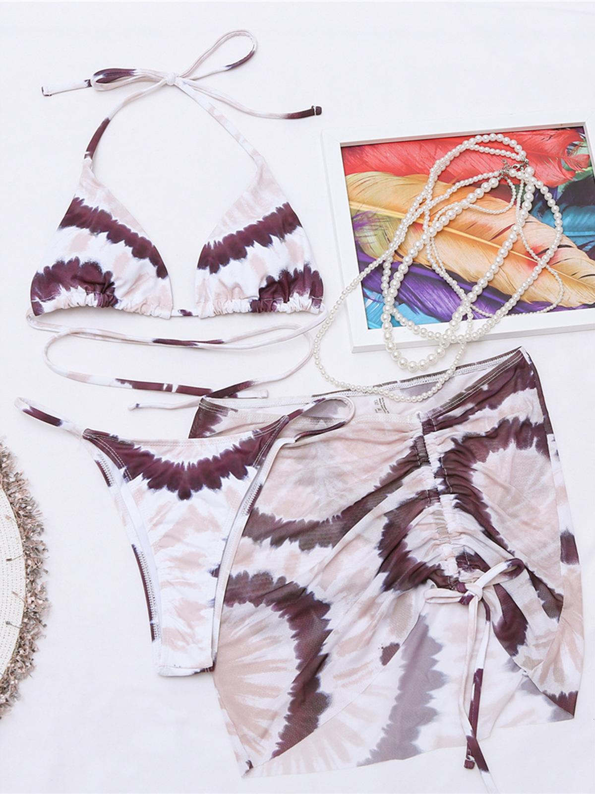 

3 шт., бикини с бретелькой на шее и юбкой, женский купальник, женский купальник, комплект из трех предметов, купальный костюм, купальный костюм для женщин L хаки