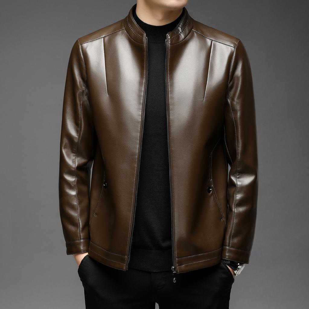 Men's Stand Collar Leather Jacket Autumn and Winter New Velvet Men's Leather Jacket PU Middle-aged Leather Jacket Men's Clothing