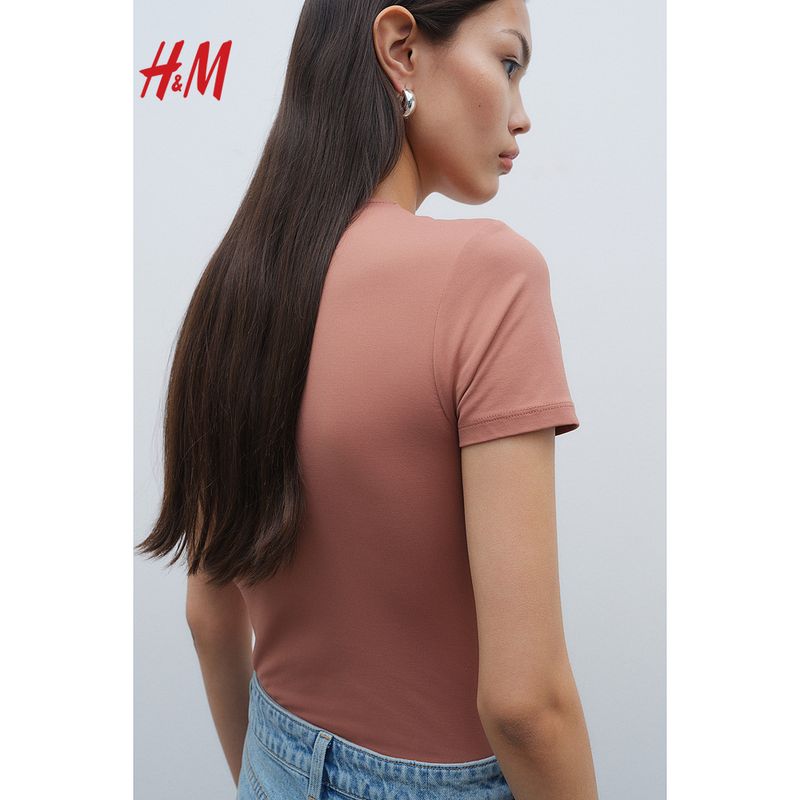 

HM Summer Women clothes Fashion Casual Jersey round Neck Slim fit Top 1258606 Gray pink 160/88