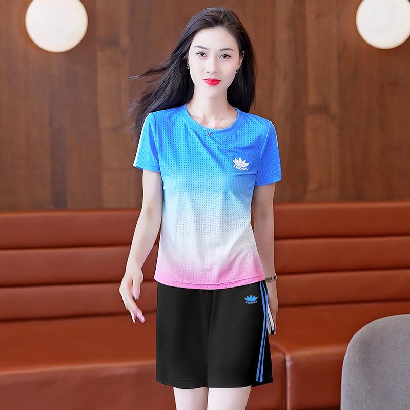 Damski dres sportowy rekreacyjny, letni, z lodowego jedwabiu, szybkoschnący, zestaw dwuczęściowy z krótkim rękawem