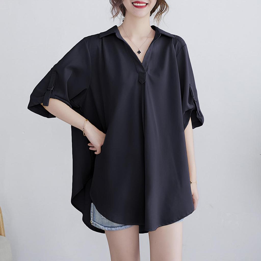 Blusen für kurze große Sommer lockere bedeckt den Körper Büro erwachsen elegant [SeiunAn] Frauen, Hemden, Ärmel, 5/8-Ärmel, V-Ausschnitt, Größen, Oberteile, Sommer,