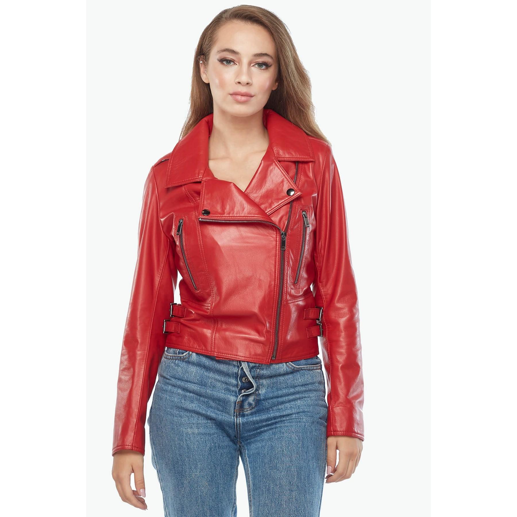 

Байкерское женское пальто из натуральной кожи красное