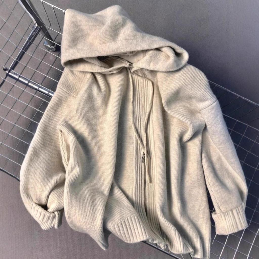 Damen Dicke Graue Strick Kapuzenpullover Jacke, Lockere Frühlingsoberbekleidung mit Doppelreißverschluss, Lässiger Stil.