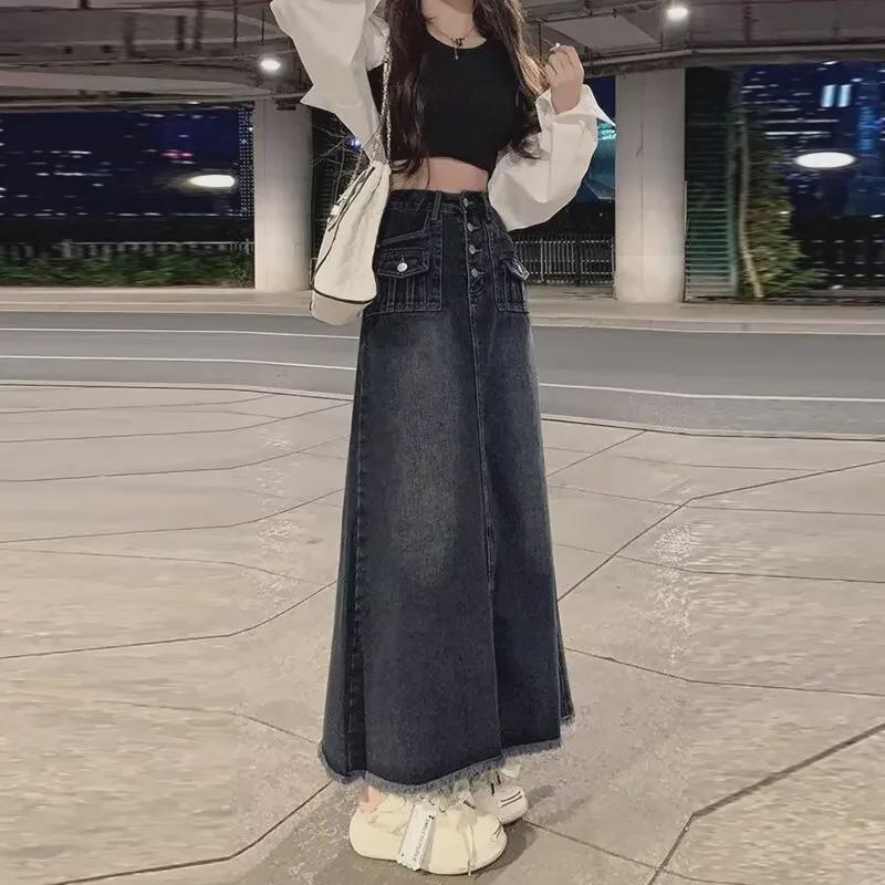 Damen A-Linien Jeansrock mit hohem Bund und offenem Saum - Retro-Design für Frühling/Sommer