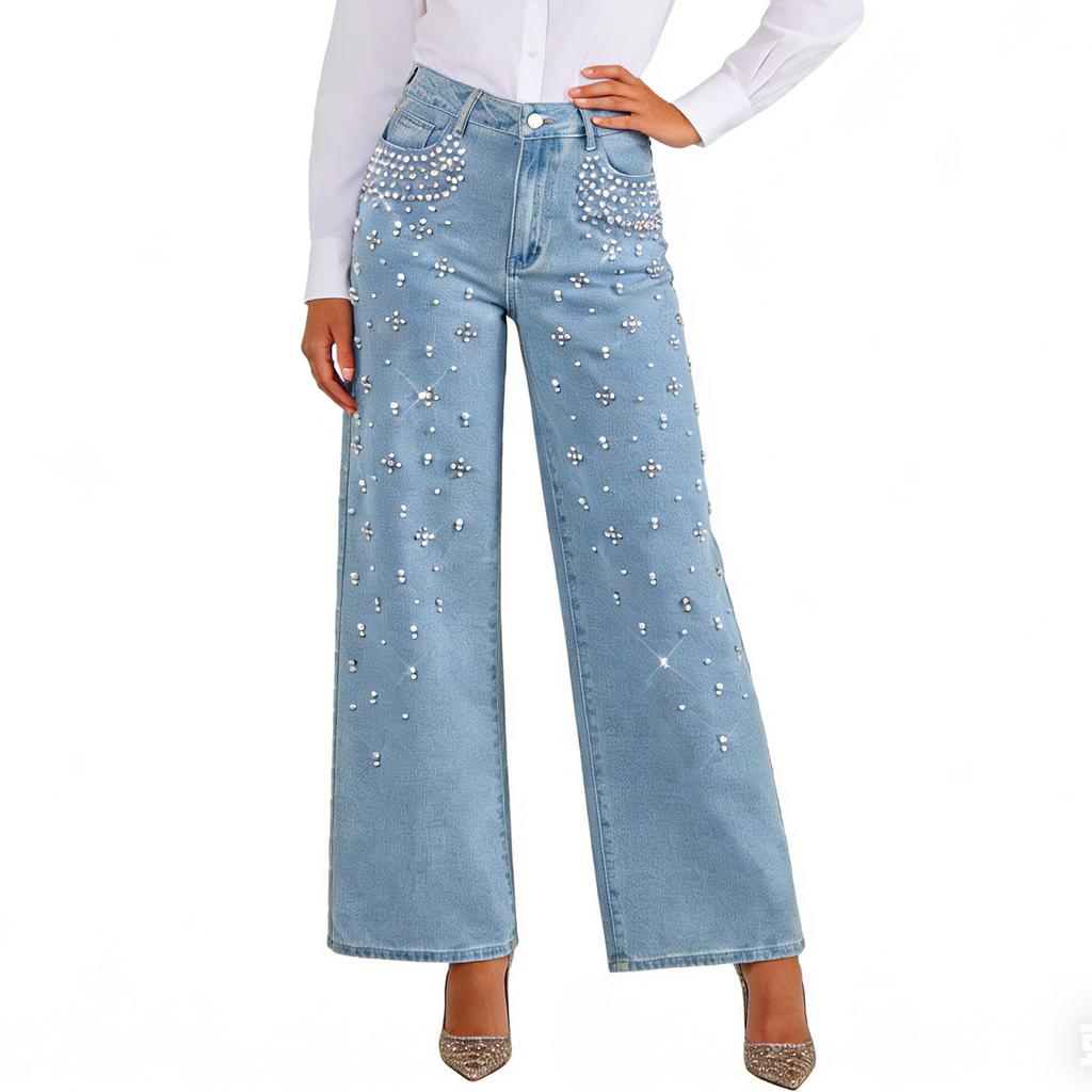Damen Mid-Stretch Jeans Mode Straight Leg Denimhosen mit Taschen