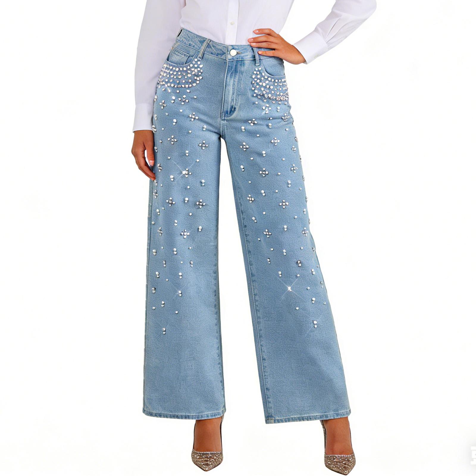 

Women s Mid- Stretch Jeans Fashion Straight Leg Denim Pants With Pockets XL світло-синій колір