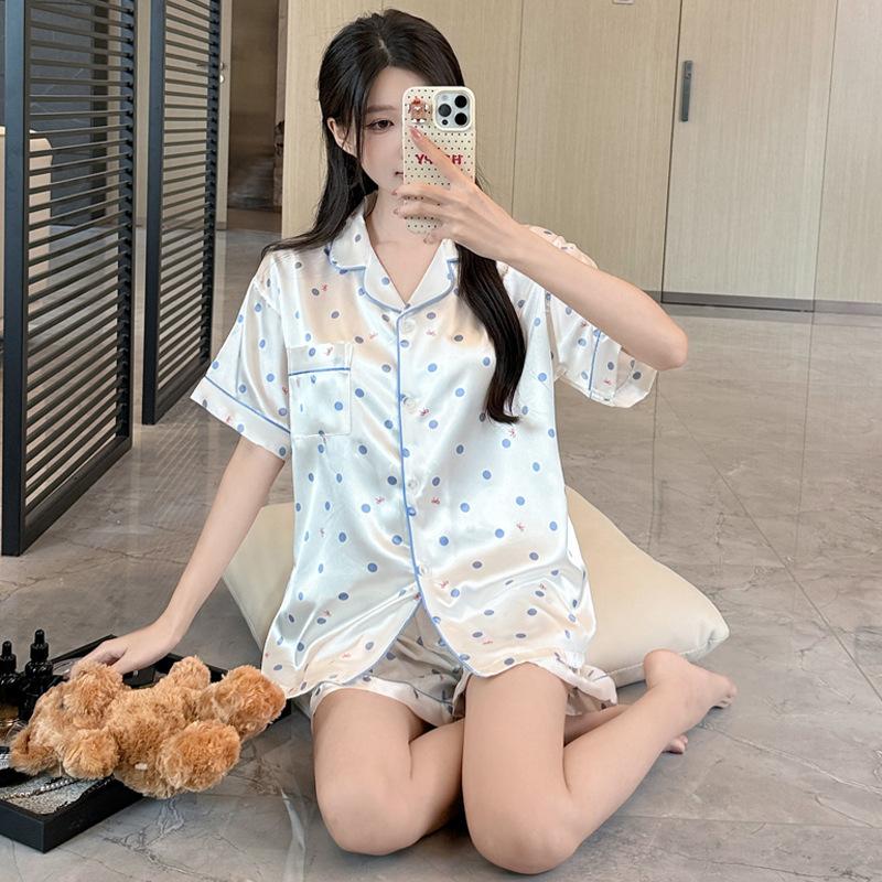 Sweet And Simple Polka Dots Summer Thin Ice Silk Pajamas Women'S Cardigan Short-Sleeved Set High-Value Loungewear