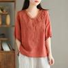 Solid Color Cotton and Linen Mid-sleeved Shirt Women's Summer V-neck Heavy Industry Embroidery Casual All-match Thin Cotton and Linen Shirt