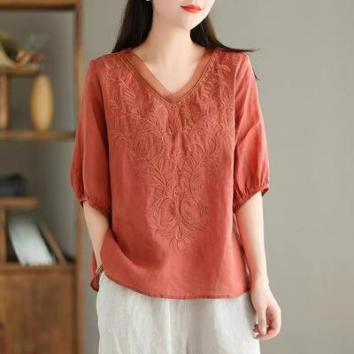 Camisa de Algodón y Lino de Color Sólido de Manga Media para Mujer Verano Cuello en V Bordado de Industria Pesada Casual Versátil Camisa Fina de Algodón y Lino