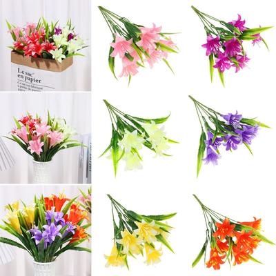 7Heads Colorful Water Grass Wedding Decor Fake Lily Lilies Bouquet Persian Leaf Artificial Flowers