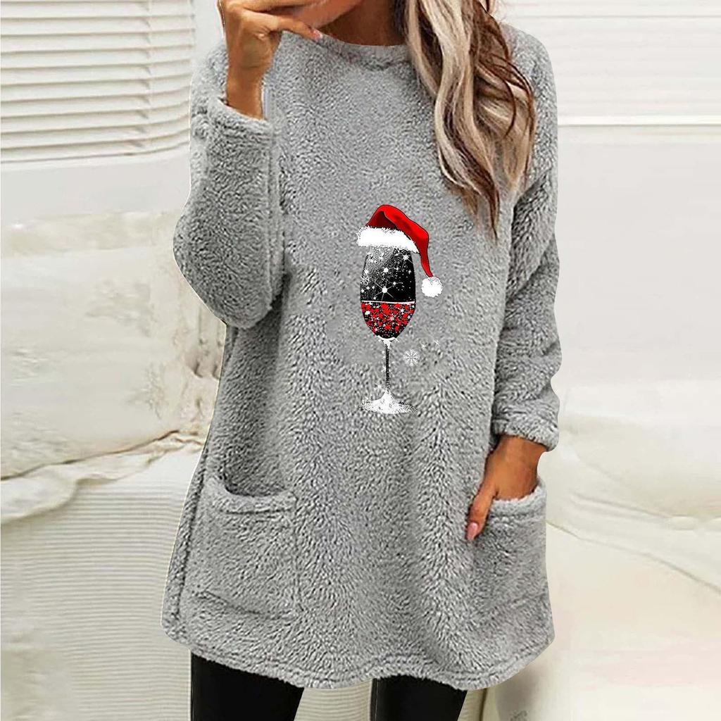 2024 Women's Loose Long Sleeve Wine Glass Print Fleece Sweatshirt with Pockets