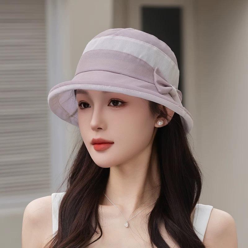 Sunscreen Cap Outdoor Breathable and Light Color Matching Bow Sun Hat Temperament Eugen Yarn Basin Hat Women
