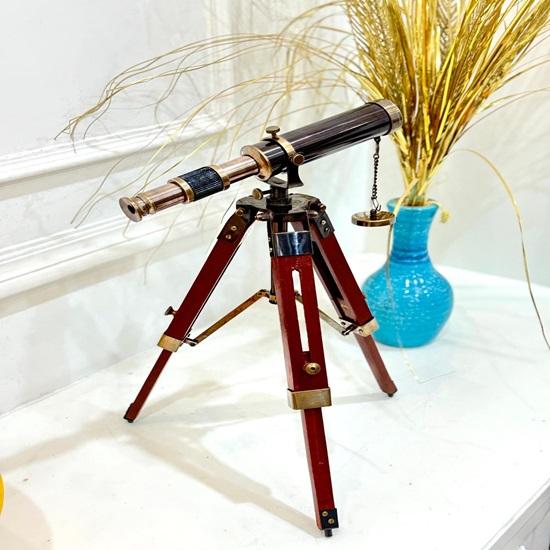 38.1 Cm Handmade Decorative Brass Telescope with Wood Tripod Stand Royal Spyglass Home, Office Table Decor for Gifting Anniversary