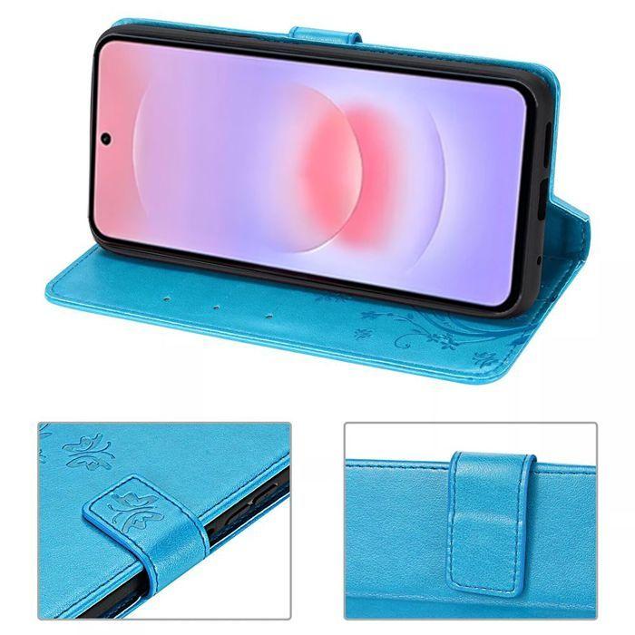 Coque pour Samsung Galaxy A37 5G, Antichoc Anti-Rayures Cuir Synthétique Bleu Motif Papillon Plante