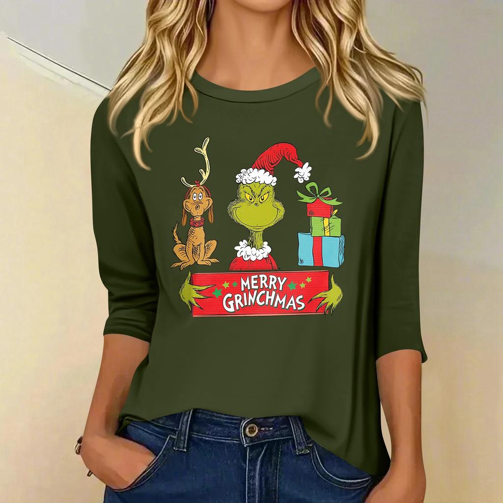 3/4 Sleeve Tops For Women T-Shirt Casual Christmas Print Tops T Shirt Round Neck Pullover Blouse