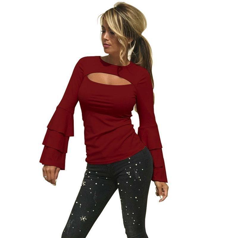 Fashion Sleeve Flare Solid Color Blouse Bottoming Cotton Sexy Clothing Tshirt