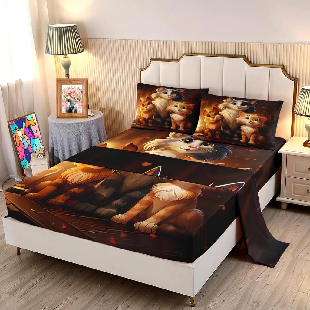 Cute cartoon cat family pattern mattress four-piece bedding set bedroom dormitory bedding set