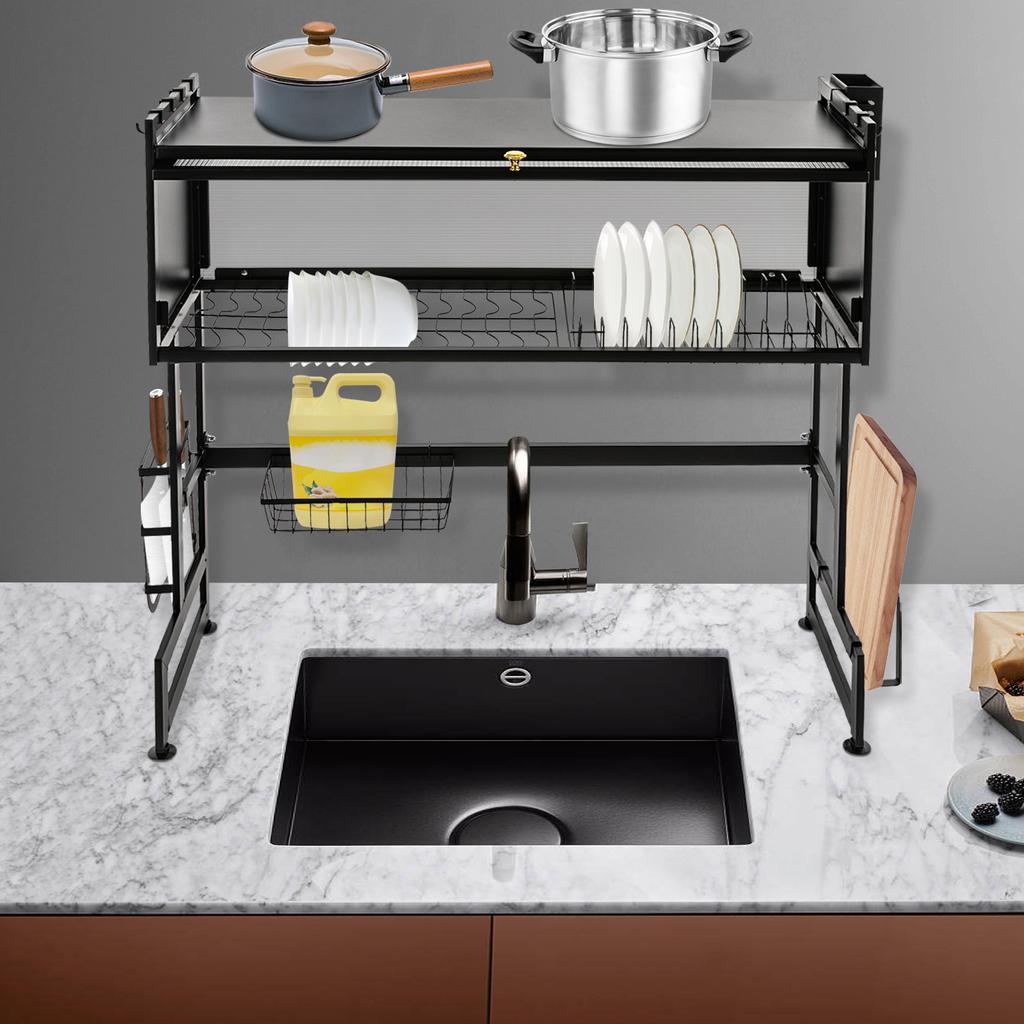85x30x80cm 2 Tiers Large Capacity Dish Drain Rack with Cabinet Door Suitable for Home, Coffee Shops