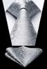[HISDERN] Wedding Silver Tie and Pocket Square Set for Men, Silk, Brand Name, Paisley Pattern, Formal Wear, Gentleman's, Entrance Ceremony,
