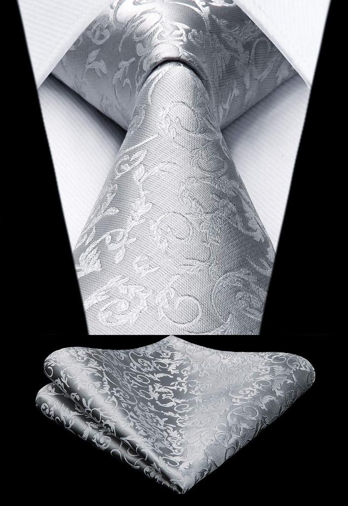 [HISDERN] Wedding Silver Tie and Pocket Square Set for Men, Silk, Brand Name, Paisley Pattern, Formal Wear, Gentleman's, Entrance Ceremony,