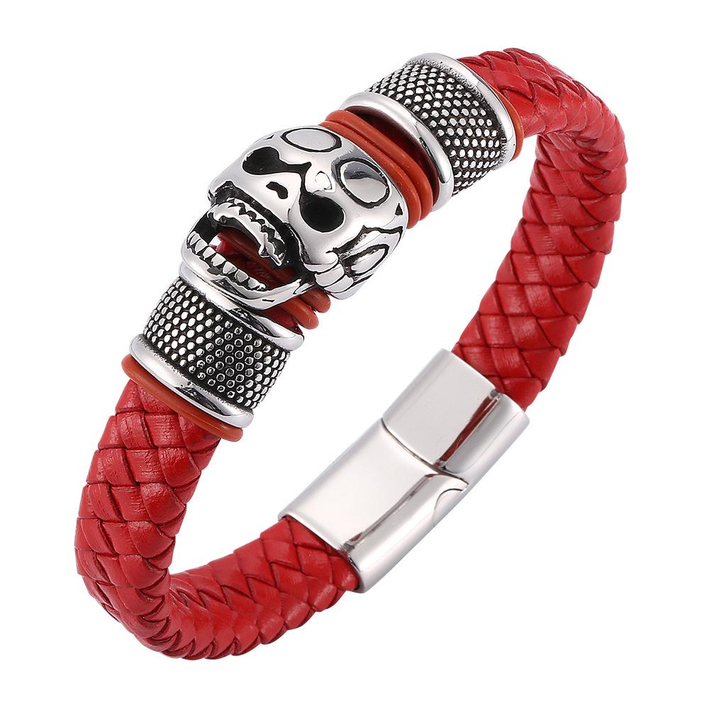 Men's European/American Cowhide Woven Bracelet with Stainless Steel Skull