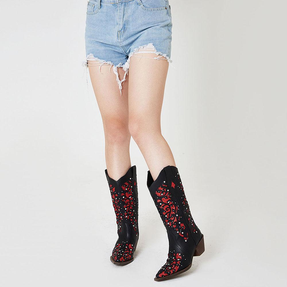 GIGIFOX Kovbojské kamínkové westernové boty do půli lýtka pro ženu, blokový střední podpatek, nazouvací, špičatá špička, vyřezávané, retro kovbojské boty