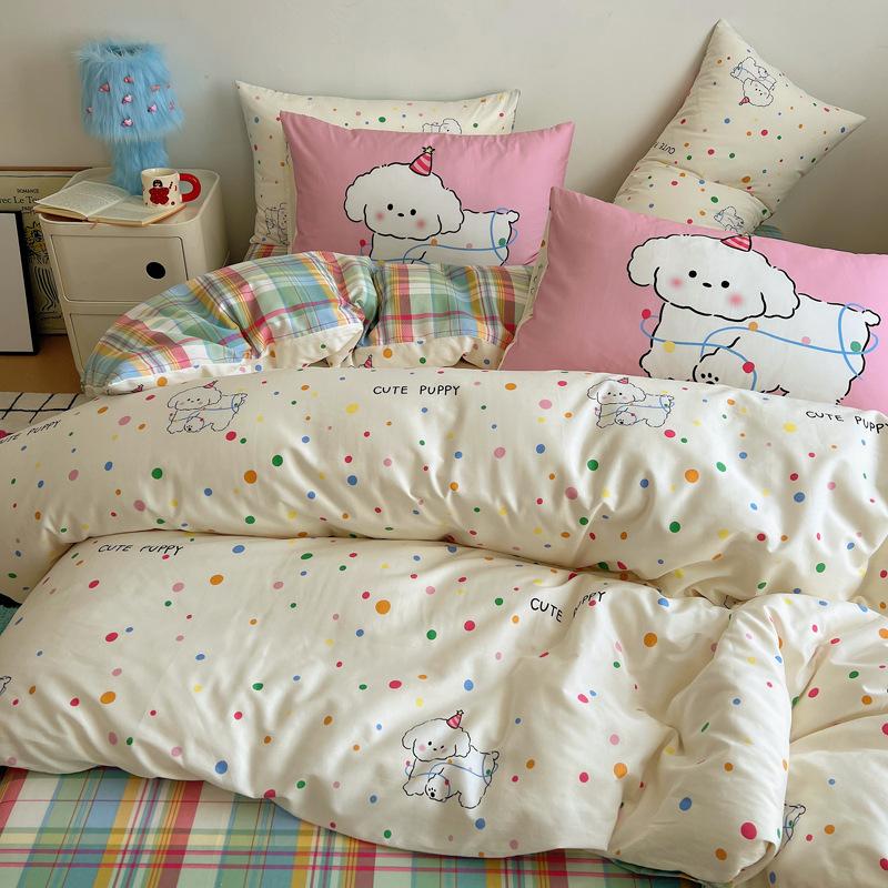 Cztero-częściowy Słodki Mały Świeży Bawełniany Trzy-częściowy Poszwa na Kołdrę Arkusz Łóżkowy Zestaw Dormitory