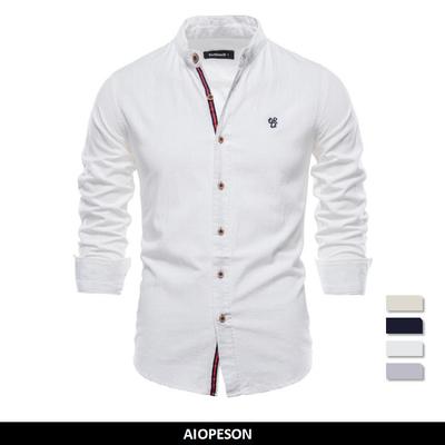 AIOPESON Spring Summer 100% Cotton Shirt Men Fashion Solid Color Stand Collar Long-sleeved Mens Shirts Social Casual Men Clothing