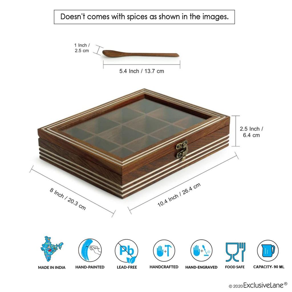 Sheesham Wooden Spice Box for Kitchen with Spoon (12 Partitions, Non Detachable, 90 Ml, Brown)